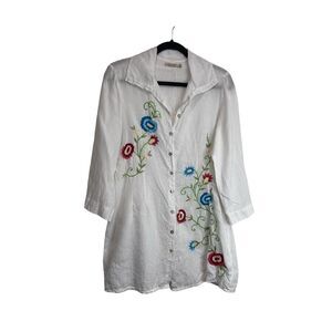 Caite Athleta White Floral Embroidered 100% Linen Button Up Tunic Womens Size S